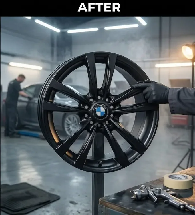 BMW alloy wheel after gloss black repair in Telford restored to factory finish