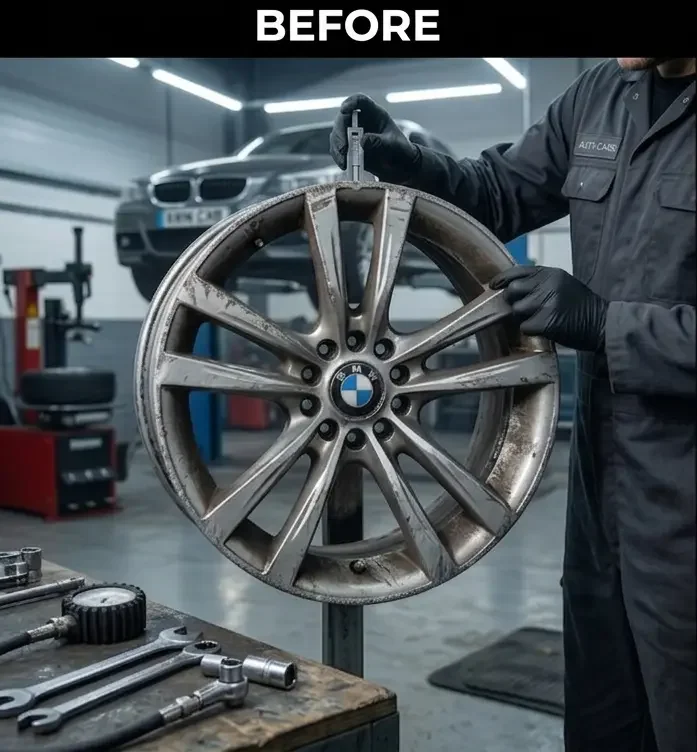 BMW alloy wheel damage before repair in Telford showing curb rash and scratches