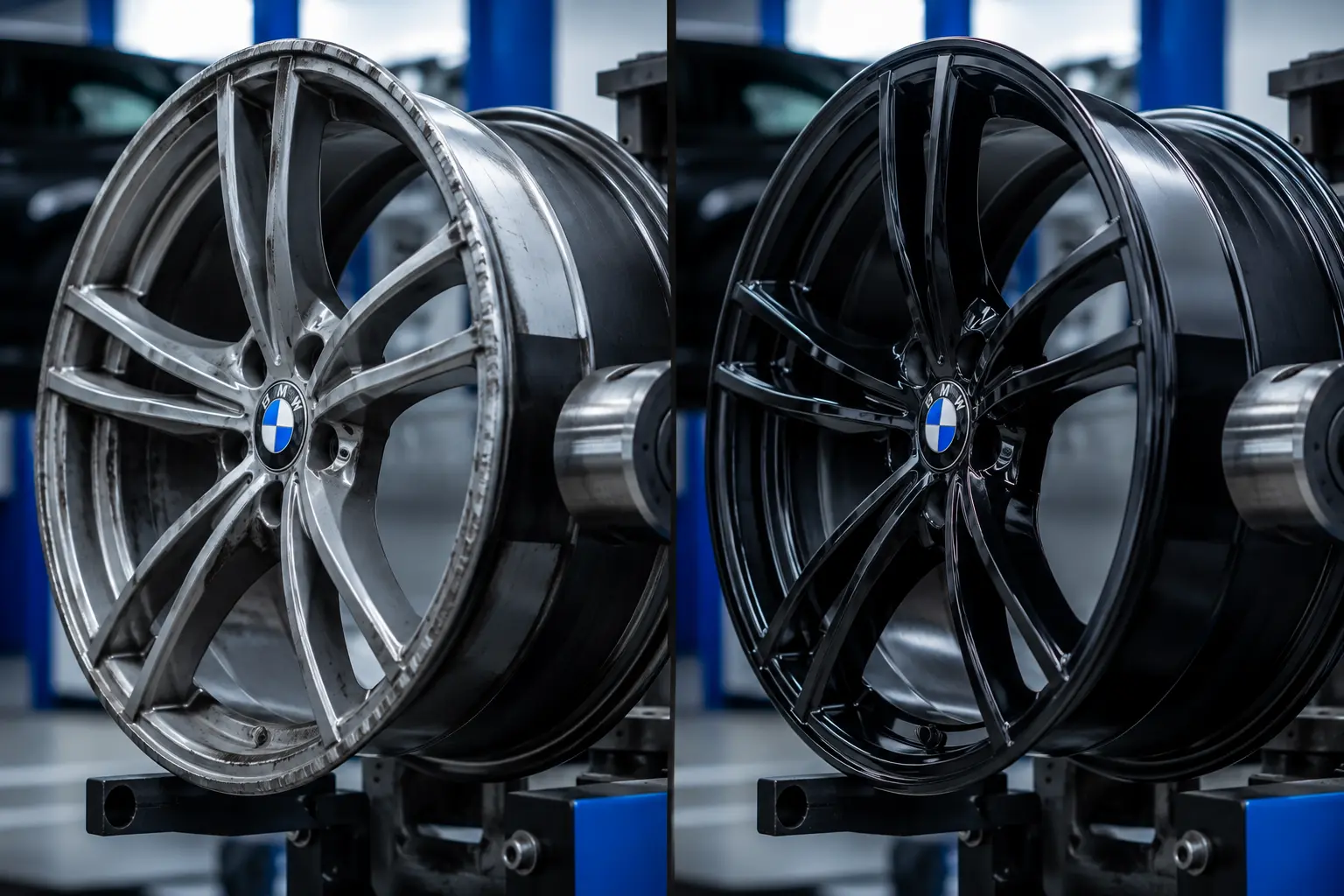 Kerbed alloy wheel before and after repair, Telford
