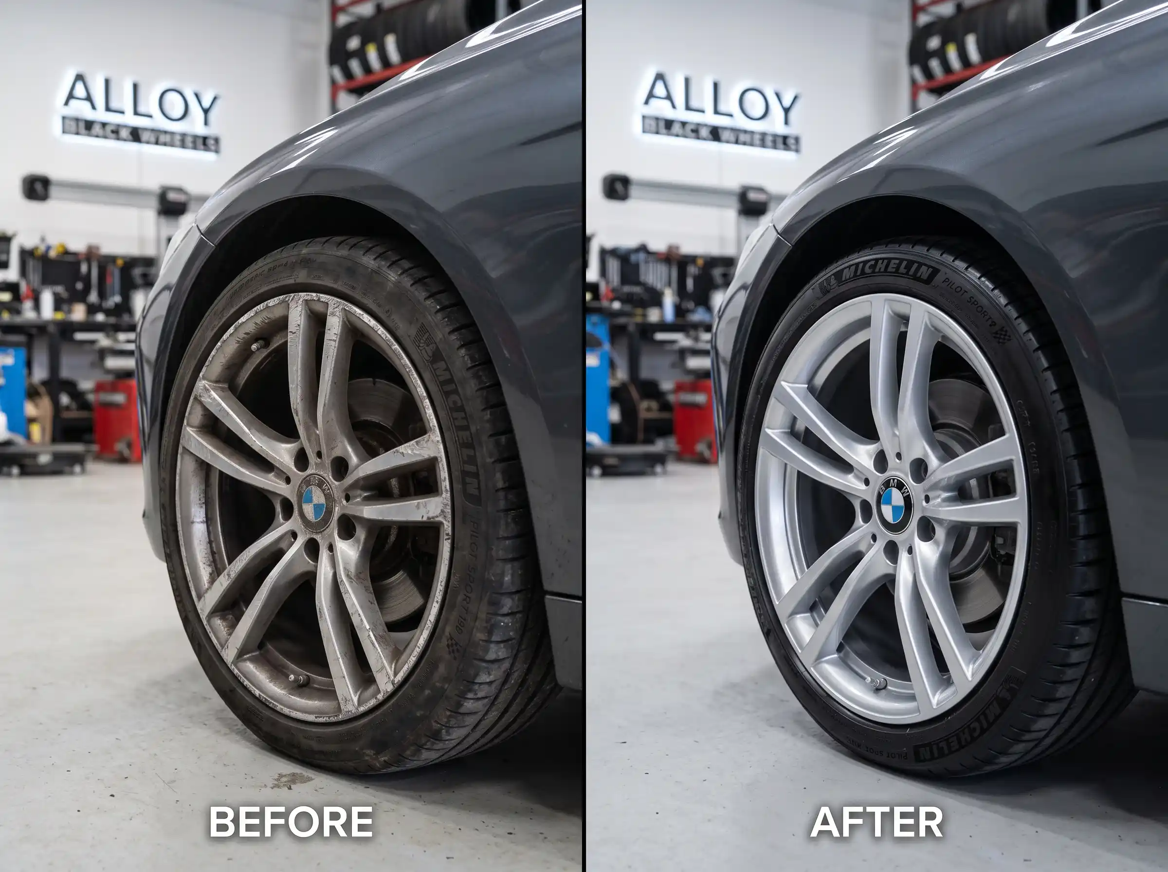 Before and after alloy wheel respray showing kerb damage repair, Telford