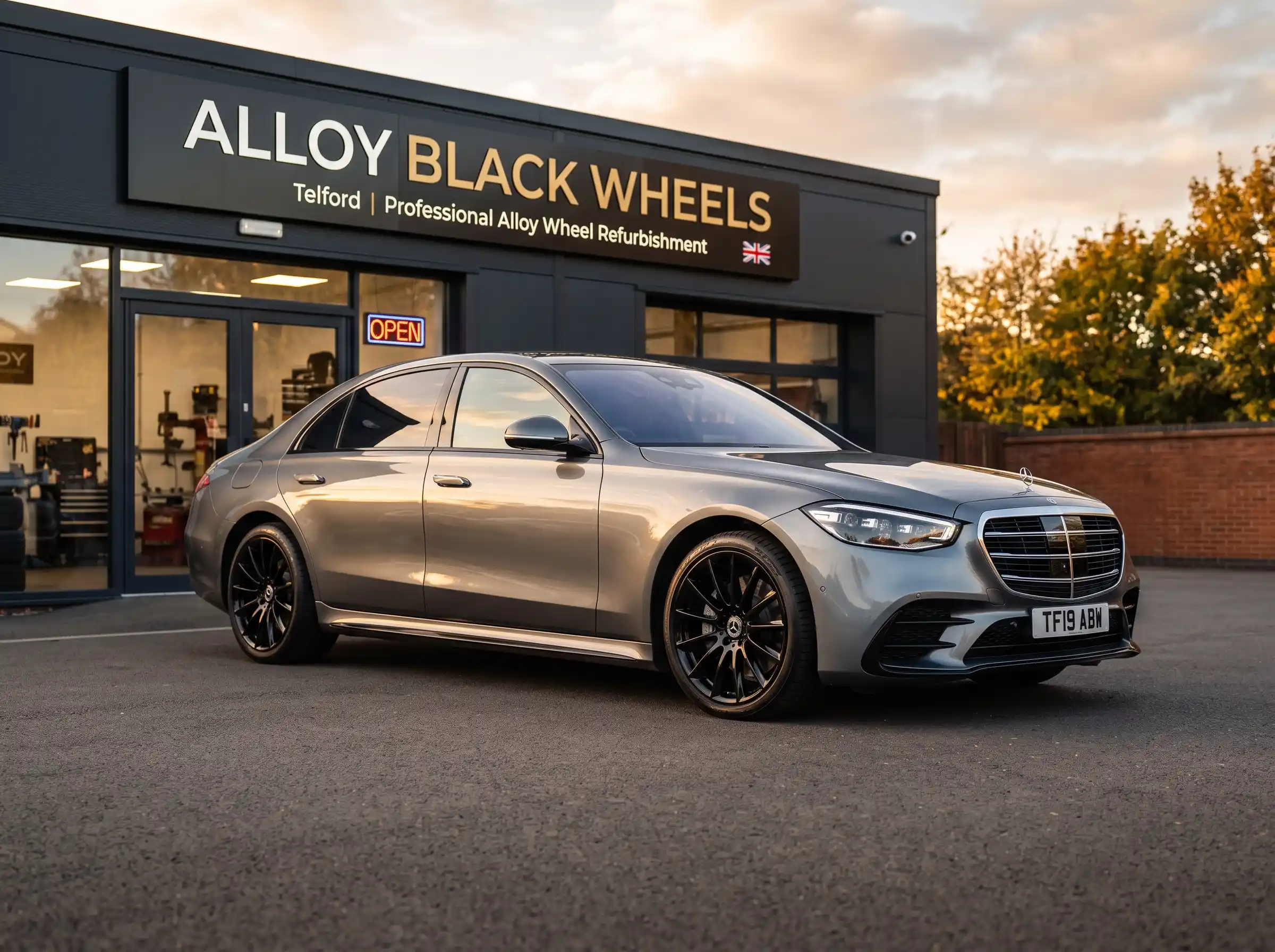 Full set of resprayed alloy wheels on a parked car in Telford