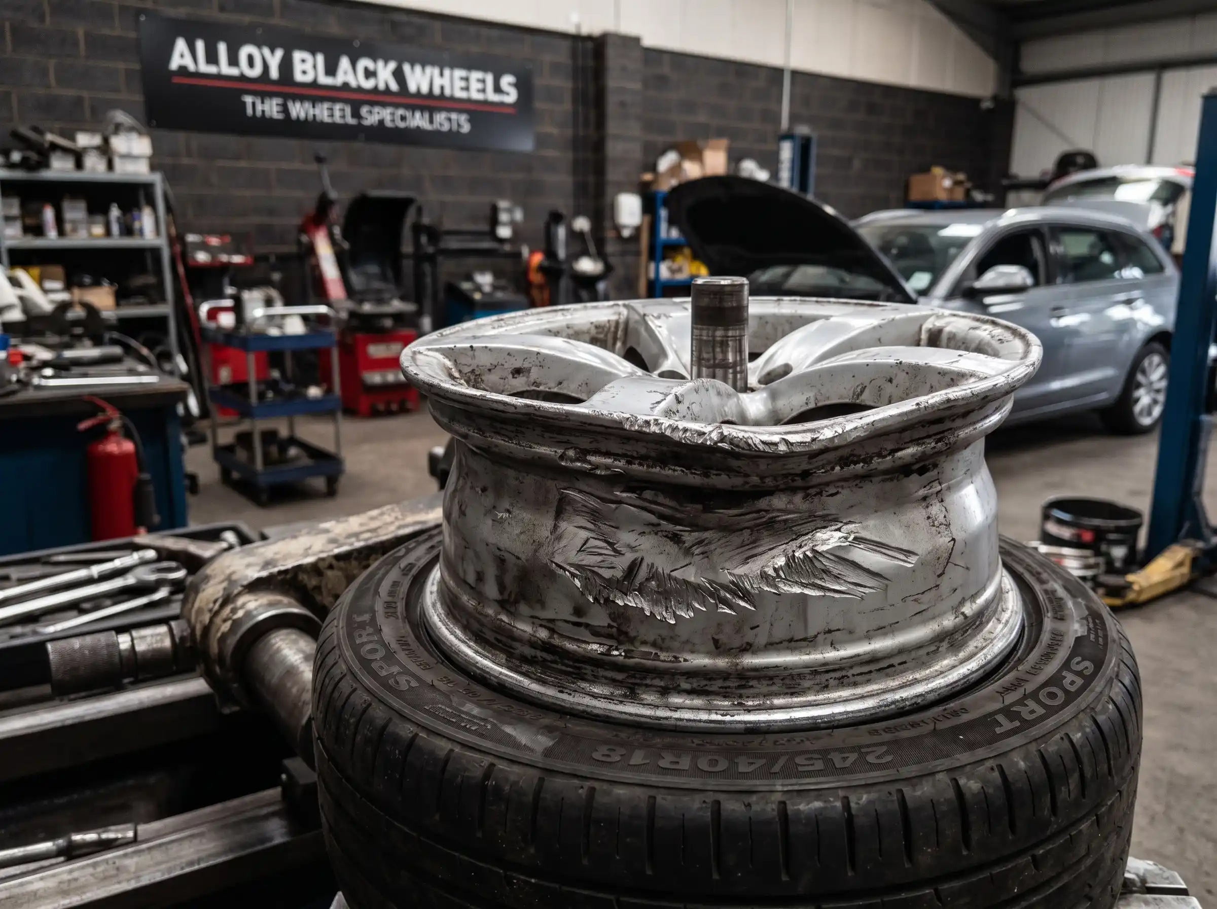 Close-up of a kerbed and faded alloy wheel before respray repair