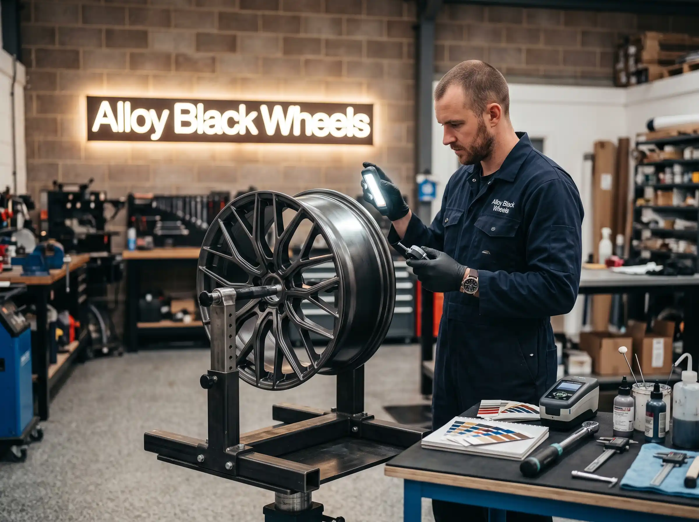 Single alloy wheel being inspected before respray in Telford